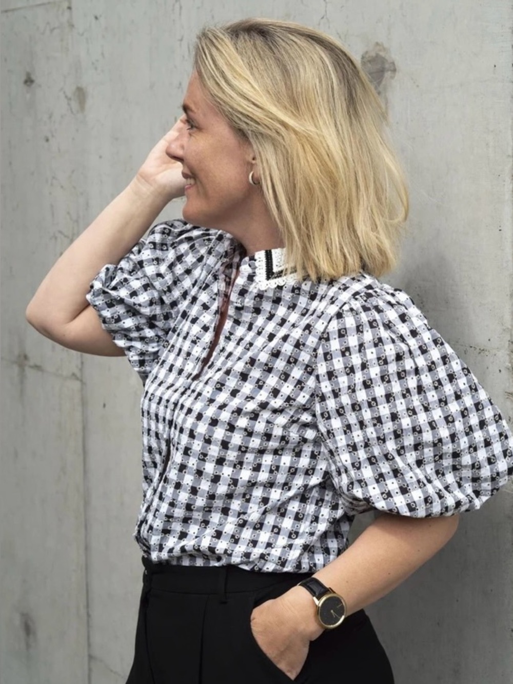 Y.A.S. Yascello 2/4 Eyelet Gingham Check Shirt in White & Black Size XL NWOT